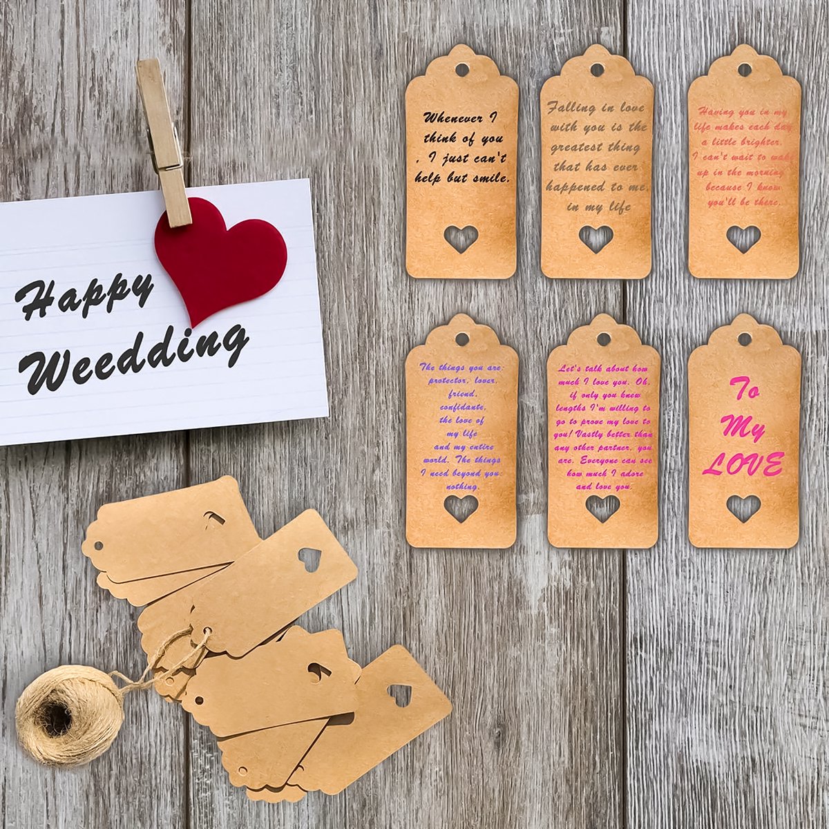 150x Stuks Kraft Karton Labels met 20m Jute Touw - Hart Kartonnen Cadeaulabels met Gaatje en Koord - Bruine, Zwarte & Witte Etiketten - Kraftpapier Naamkaartjes - Blanco Prijskaartjes\Prijslabels met Koortje - 9x4cm — cadeau in Hobby - foto 5