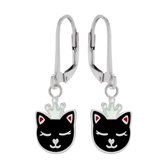 Oorbellen meisje | Zilveren kinderoorbellen | Zilveren oorhangers met hanger, zwarte kattenkop met glitterkroon