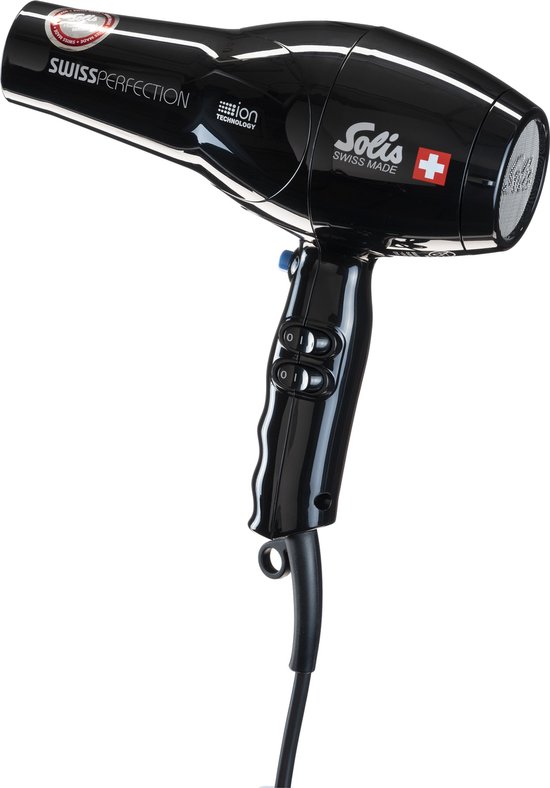 Zwarte Solis föhn met 'SWISS PERFECTION' en 'Solis SWISS MADE' logo, en een blauwe knop.