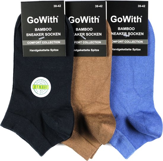 GoWith-3 paar-Bamboe Sport Enkelsokken-Sneaker Sokken-Zwart-Blauw-Bruin-Maat 43-46