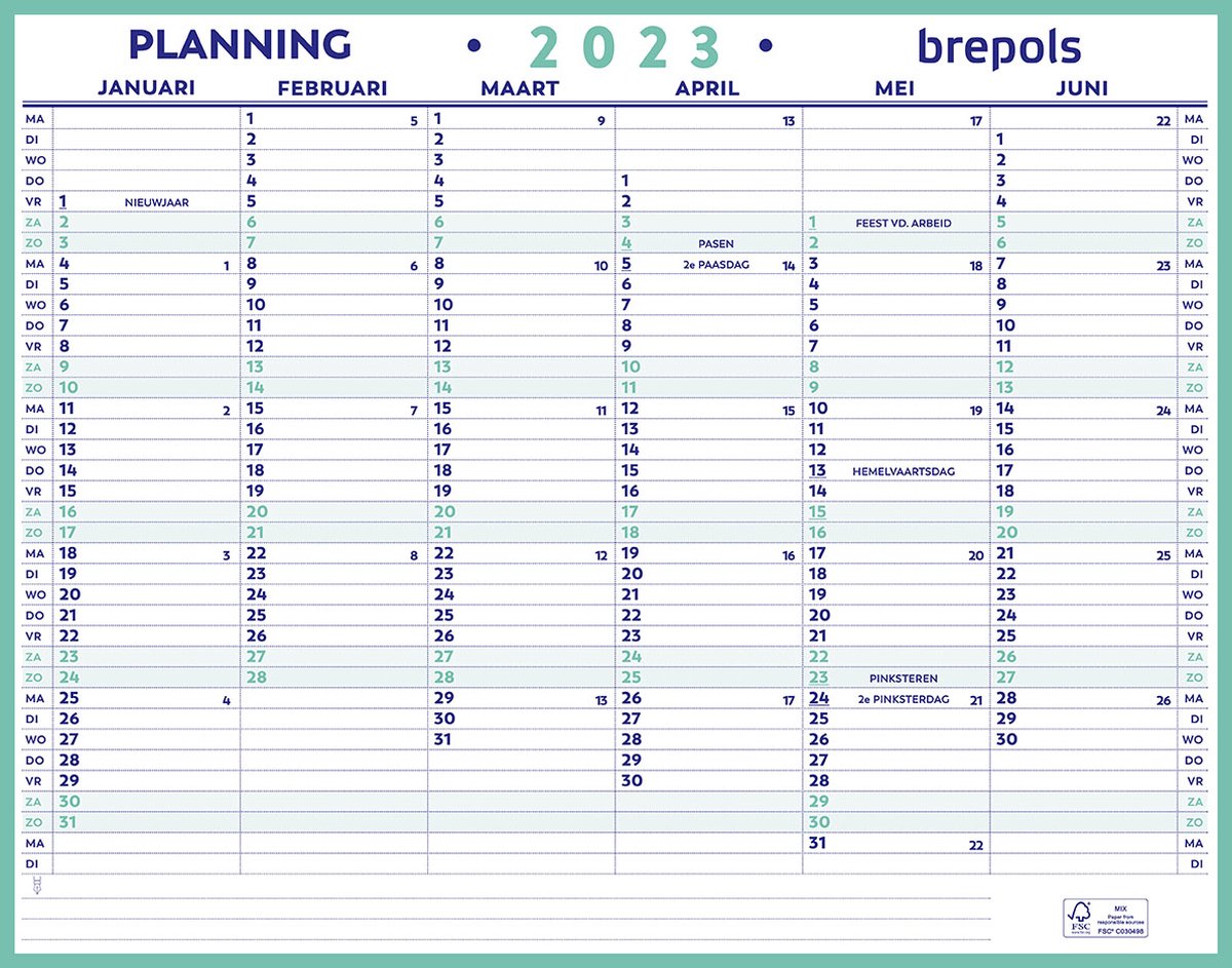 Brepols Kalender 2023 - Maxi planning NL - Hard karton - overzicht 6 maand per zijde - 42 x 33 cm