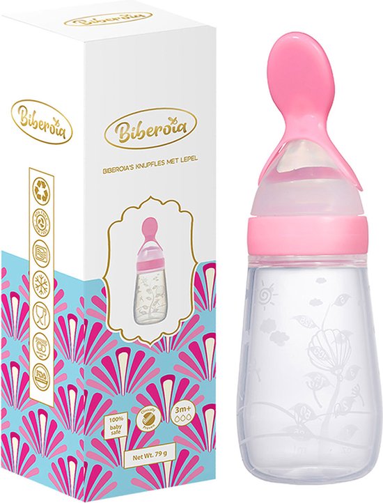  - Biberoia® Knijpfles met lepel – Drinkfles - Baby – Kinderbestek - Kraamcadeau – Babyshower – Roze