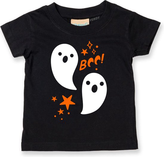 Zwart kindershirt met twee witte spookjes, oranje sterren en de tekst 'Boo!' in oranje letters.