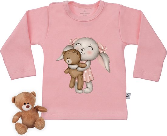 Wooden Buttons - T-shirt Bébé manches longues avec imprimé - Lapin avec illustration ours - Tailles 50 à 86 - Chemise couleur rose bébé.