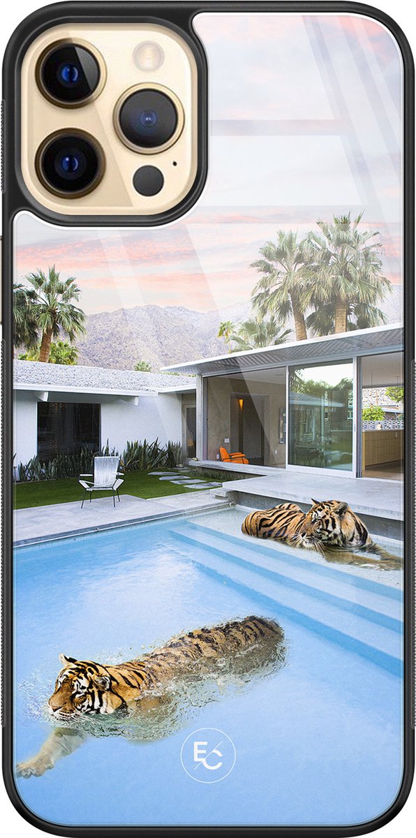 Hoesje geschikt voor iPhone 12 - Tijger zwembad - Luxe Hard Case - Print - Blauw - ELLECHIQ