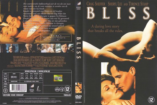 Blu ray hoes met de tekst "Bliss", de namen Craig Sheffer, Sheryl Lee en Terence Stamp, en een afbeelding van een vrouw.