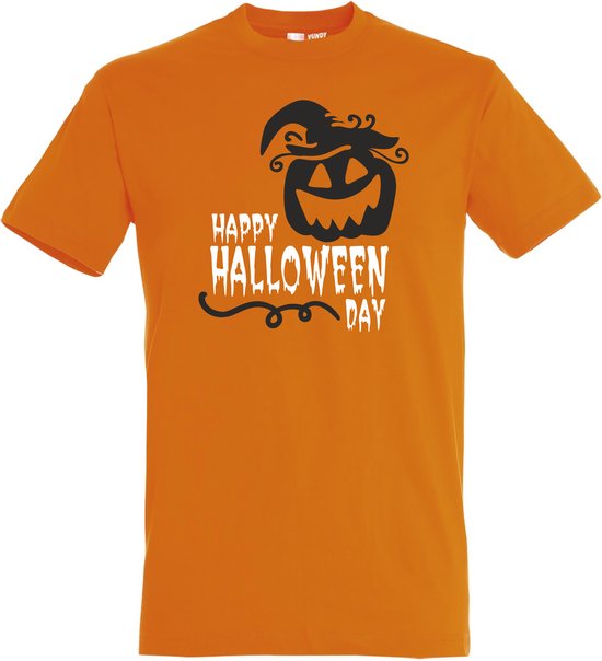 T-shirt kinderen Happy Halloween Day | Halloween kostuum kind dames heren | verkleedkleren meisje jongen | Oranje | maat 92
