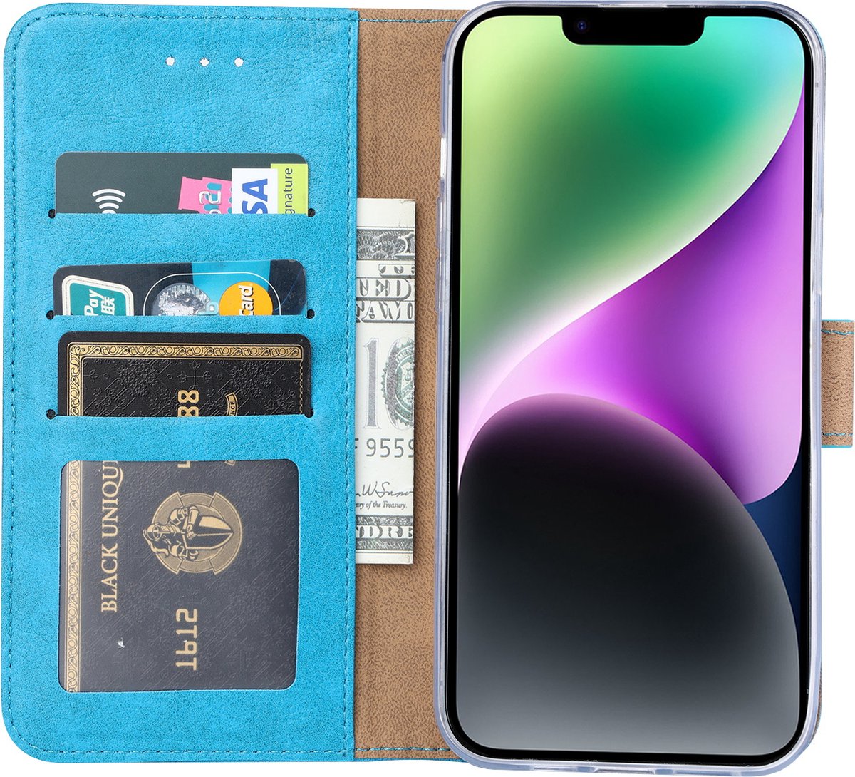 BixB bookcase iPhone 14 hoesje met pasjeshouder Wallet case booktype - Turquoise