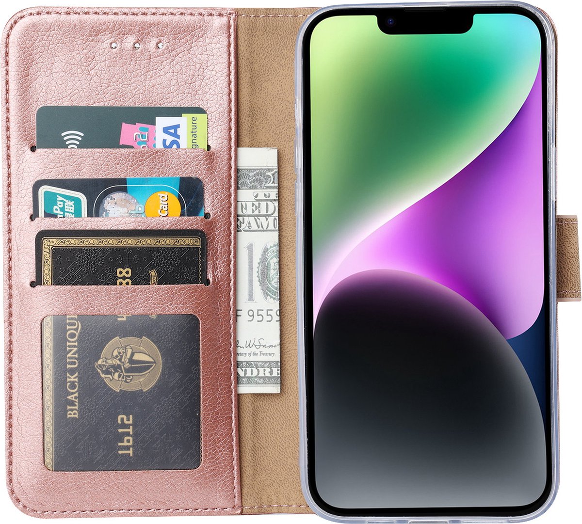 BixB bookcase iPhone 14 hoesje met pasjeshouder Wallet case booktype - Rosegoud