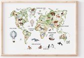 Poster wereldkaart met dieren en Nederlandse beschrijving - Kinderkamer decoratie - 30x40 cm