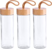 3x Stuks glazen waterfles/drinkfles transparant met bamboe houten dop met handvat 420 ml - Sportfles - Bidon