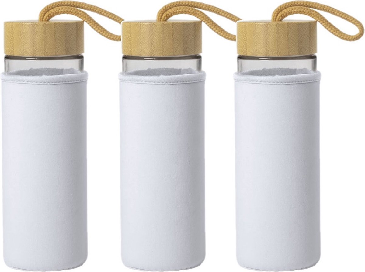 3x Stuks glazen waterfles/drinkfles met witte softshell bescherm hoes 530 ml - Sportfles - Bidon