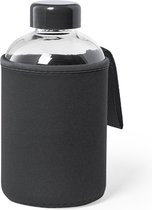 Glazen waterfles/drinkfles met zwarte softshell bescherm hoes 600 ml - Sportfles - Bidon