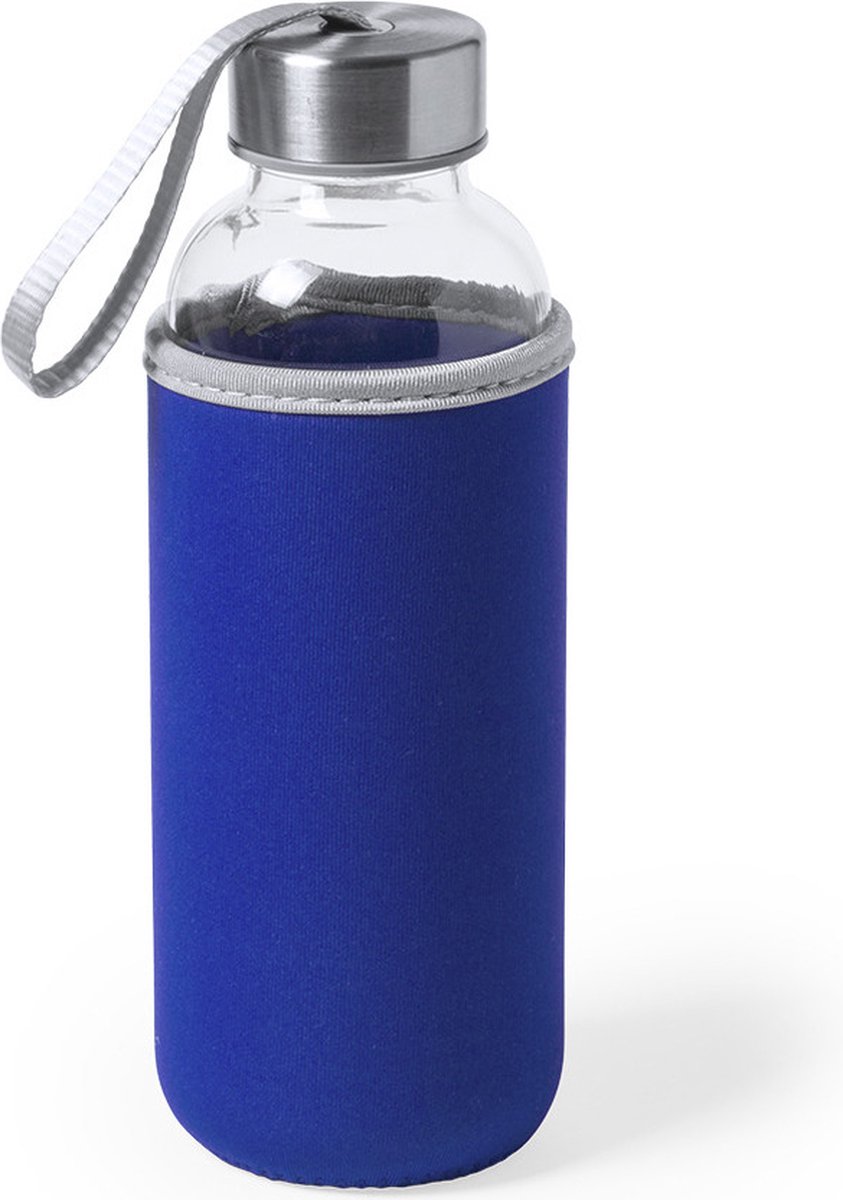Glazen Waterfles/drinkfles Met Blauwe Softshell Bescherm Hoes 420 Ml - Drinkflessen