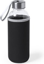 Glazen waterfles/drinkfles met zwarte softshell bescherm hoes 420 ml - Sportfles - Bidon
