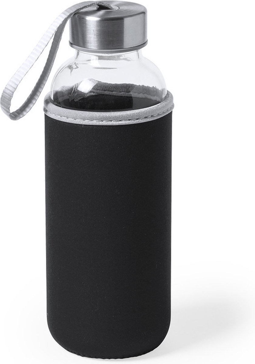 Glazen Waterfles/drinkfles Met Zwarte Softshell Bescherm Hoes 420 Ml - Drinkflessen