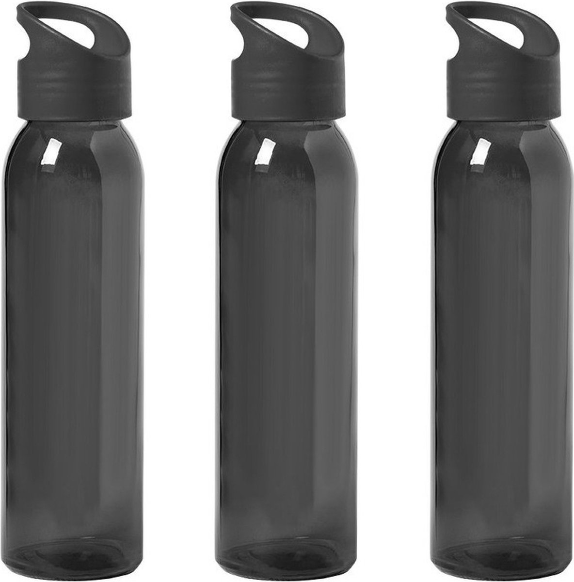 3x Stuks glazen waterfles/drinkfles zwart transparant met schroefdop met handvat 470 ml - Sportfles - Bidon