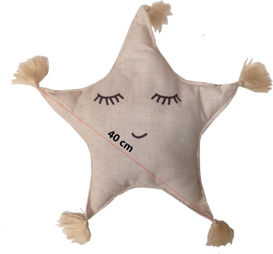 Little nice things - Knuffelkussen happy star - kussen met gezicht - kinderkussen - met franjes - 40x40 cm  - beige