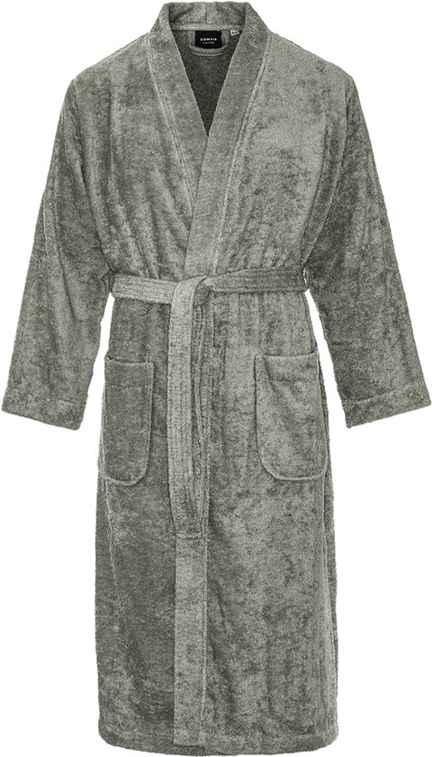 Kimono badstof katoen – lang model – unisex – badjas dames – badjas heren – sauna - olijfgroen - L/XL