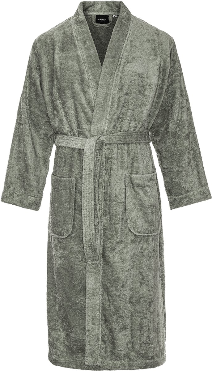 Kimono badstof katoen – lang model – unisex – badjas dames – badjas heren – 100% katoen - sauna - olijfgroen - L/XL