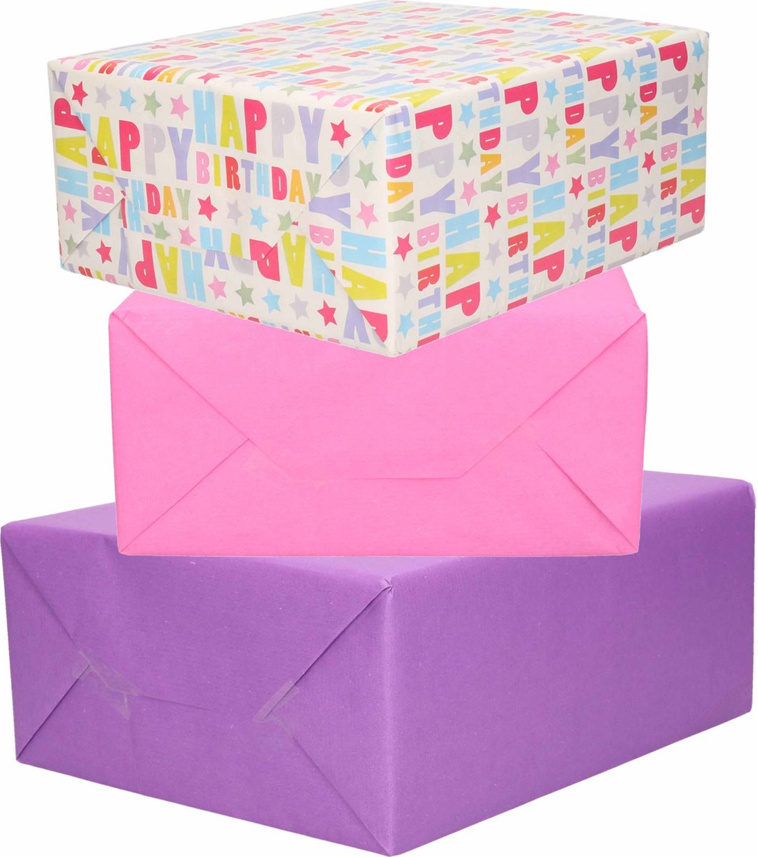 3x Rouleaux de papier cadeau kraft rose/violet/joyeux anniversaire 200 x 70  cm 