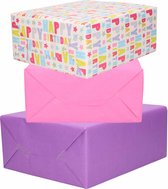 3x Rollen kraft inpakpapier roze/paars/happy birthday 200 x 70 cm - cadeaupapier / kadopapier / boeken kaften