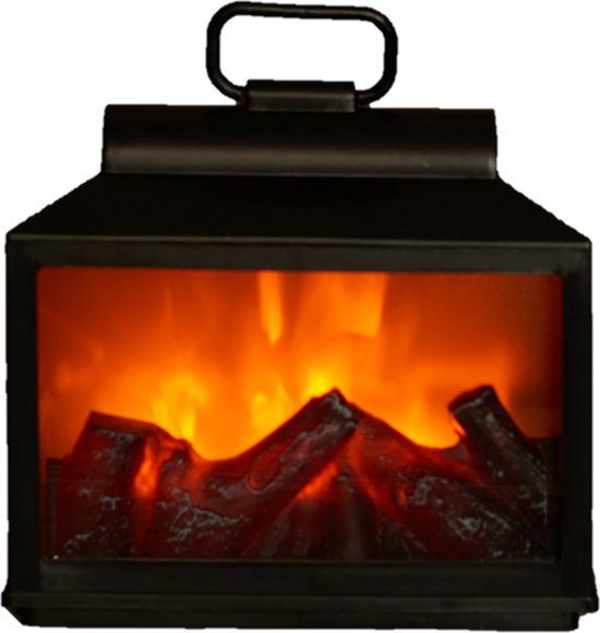 Lanterne cheminée décorative noire avec flammes LED et bûches.