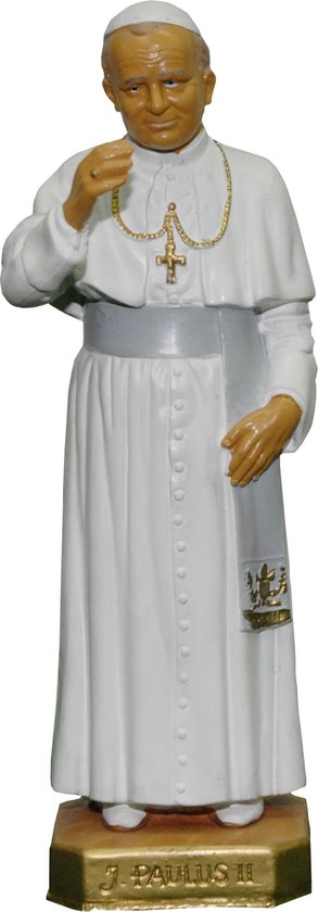 Figurine du Pape Jean-Paul II en soutane blanche avec une écharpe grise et une croix dorée autour du cou.