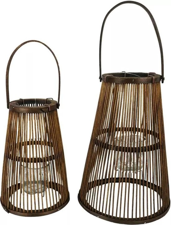 set van 2 bruin houten lantaarns  met windlicht, 34 en 26cm hoog