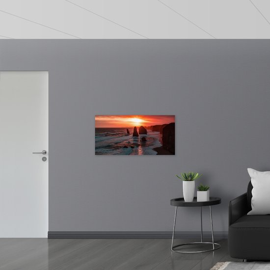 Dibond - Rotsen in de Zee met Zonsondergang - 100x50 cm Foto op Aluminium (Wanddecoratie van metaal)