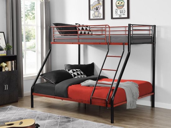 Vente-unique  Stapelbed ELEVATIO IV - 90 en 140 x 190 cm - Staal - Zwart en rood L 199 cm x H 163 cm x D 147 cm