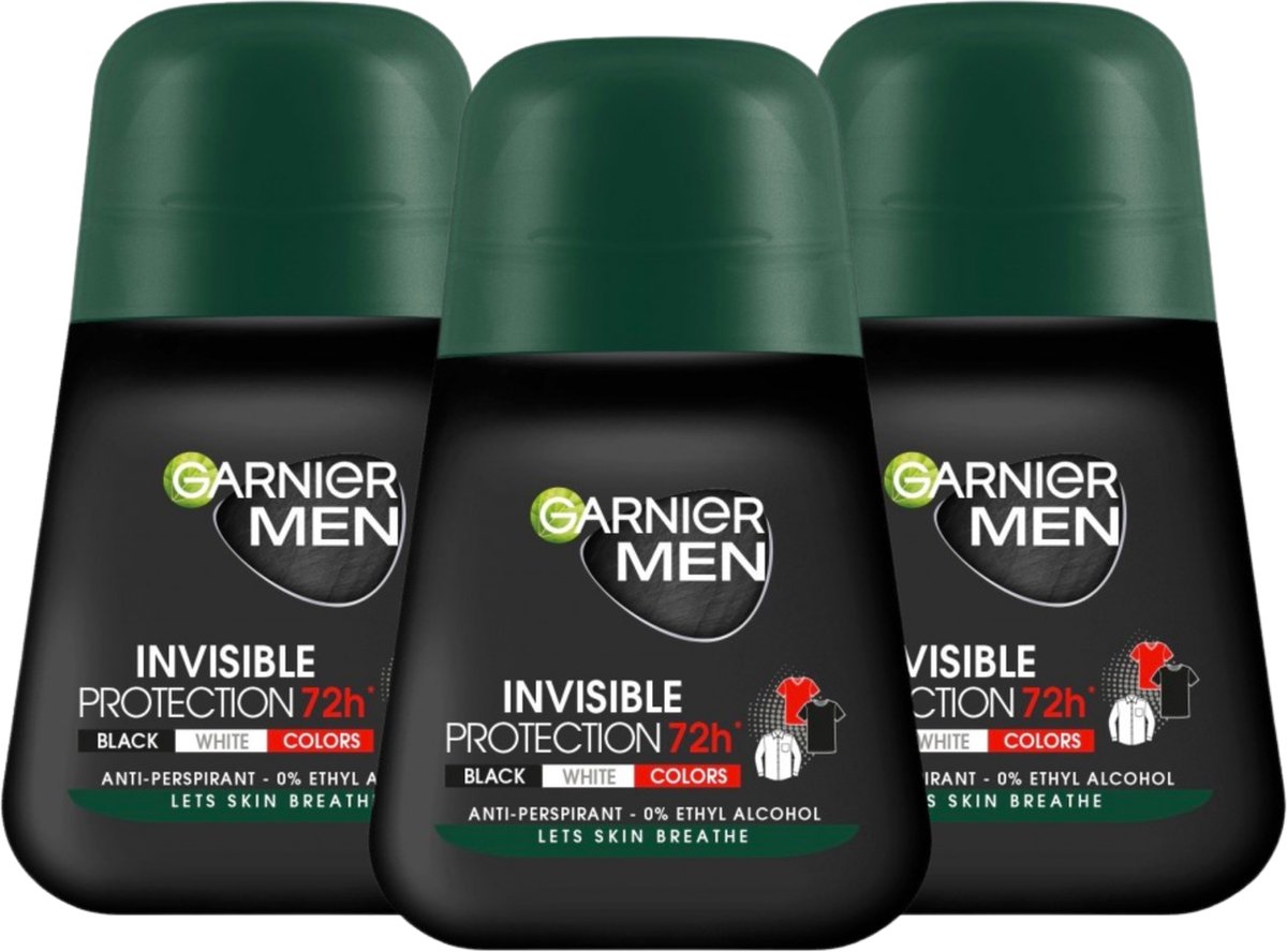 Goedkoopste Garnier Men Deodorant Roll-On Invisible Protection 72h Anti-Perspirant Deodorant Roller - 3 X 50ml - Deodorant Man