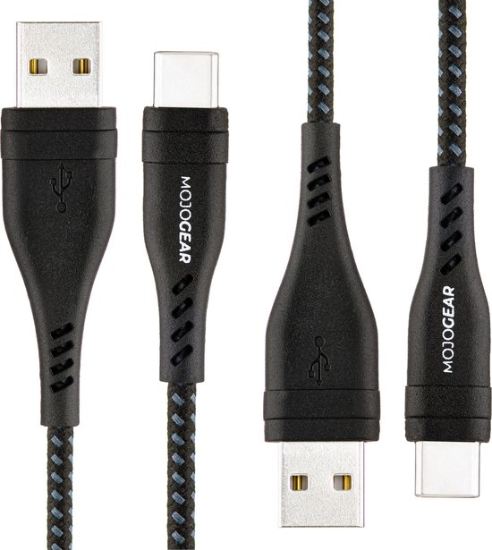2x MOJOGEAR USB-C naar USB kabel Extra Sterk - 1,5 meter kabel - Geschikt voor Oppo / OnePlus / Motorola / Huawei / Sony / iPhone 15 - Zwart [DUOPACK]