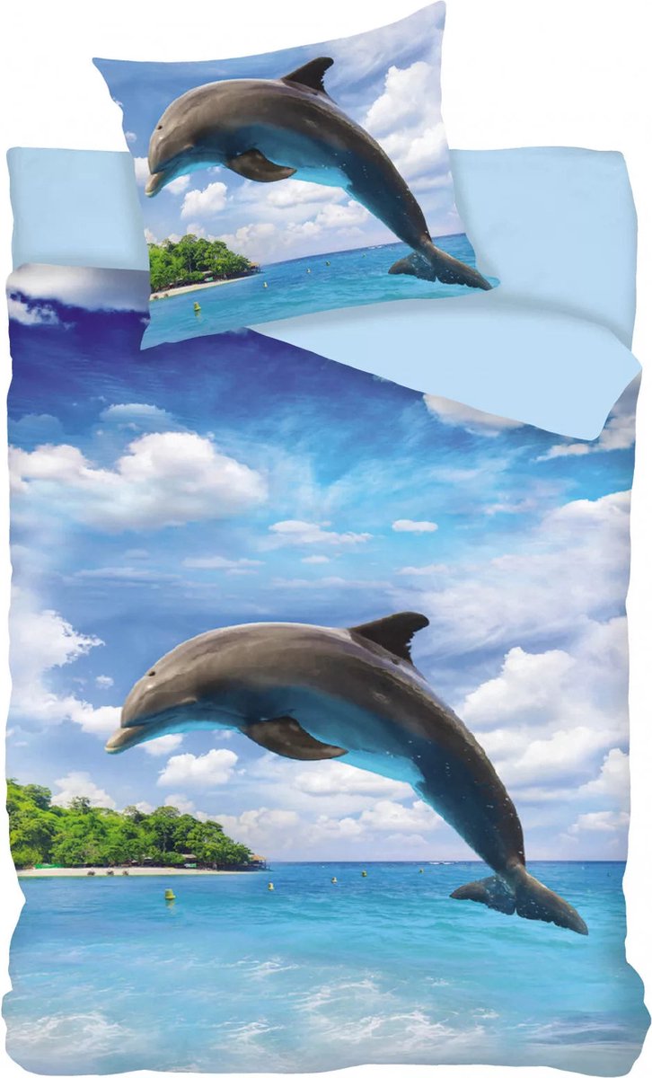 KD® - Dolfijn, Springt uit het Water - Dekbedovertrek - Eenpersoons - 140 x 200 cm - Katoen