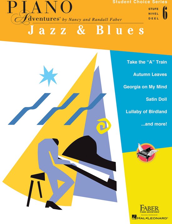 Pianoboek 'Jazz & Blues' met een illustratie van een pianist in jazzstijl, gele met blauwe accenten.