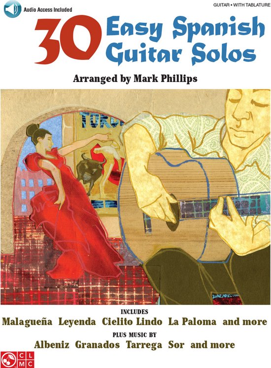 Boekomslag: 30 Easy Spanish Guitar Solos met illustratie van een gitarist en een danseres. Bevat lijst met nummers.
