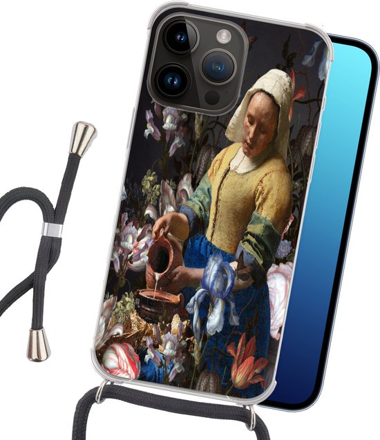 Telefoonhoesje Geschikt voor Apple Iphone 14 Pro - Melkmeisje - Bloemen - Regenboog - Siliconen - Crossbody - Backcover met Koord - Telefoonhoesje met koord - Hoesje met touw Telefoonhoesje