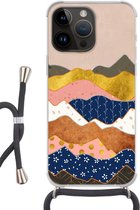 Geschikt voorApple Iphone 14 Pro - Crossbody Case - Goud - Pastel - Patronen - Siliconen - Crossbody - Backcover met Koord - Telefoonhoesje met koord - Hoesje met touw