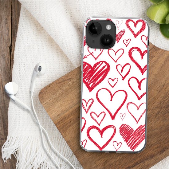 Telefoonhoesje Geschikt voor Apple Iphone 14 hoesje - Een illustratie met verschillende hartjes op een witte achtergrond - Siliconen Telefoonhoesje Telefoonhoesje