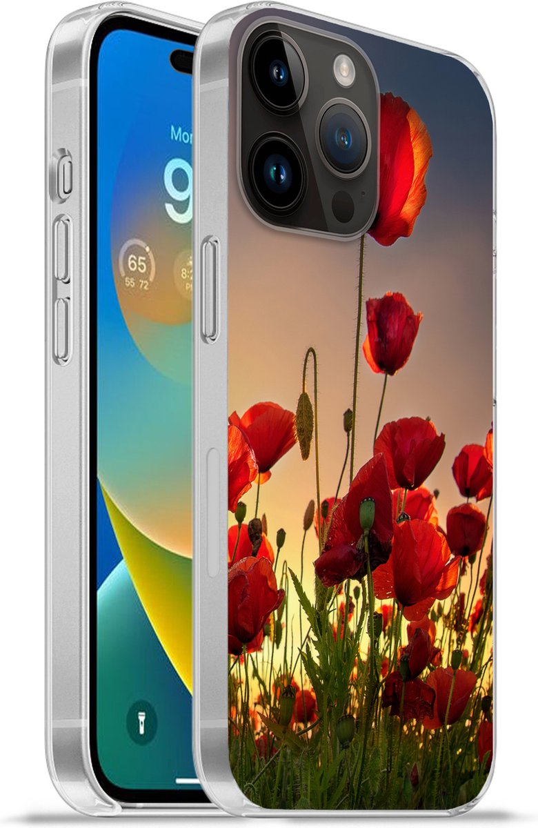 Telefoonhoesje Geschikt voor Apple Iphone 14 Pro hoesje - Kleurrijke lucht boven een veld Klaprozen in Denemarken - Siliconen Telefoonhoesje Telefoonhoesje