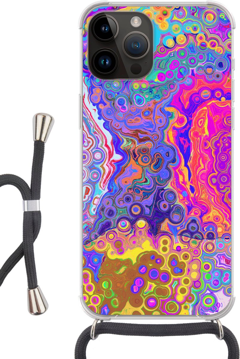 Telefoonhoesje Geschikt voor Apple Iphone 14 Pro Max - Kunst - Vormen - Kleur - Psychedelisch - Siliconen - Crossbody - Backcover met Koord - Telefoonhoesje met koord - Hoesje met touw Telefoonhoesje