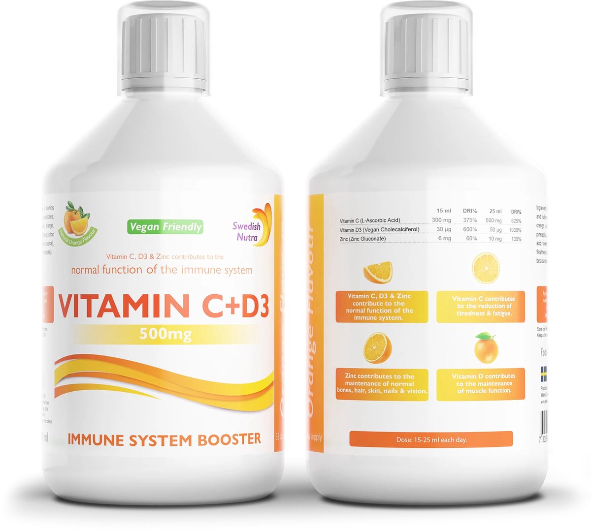 Swedish Nutra- Vitamin C + D3 en Zinc - Vloeibaar supplement - Veganistisch vriendelijk- Boost jouw immuunsysteem