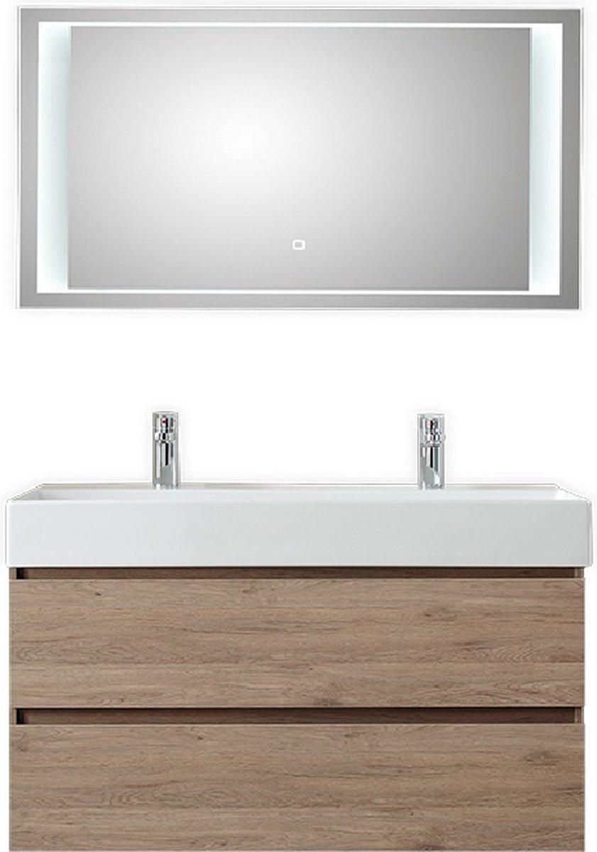 Badkamermeubel Pelipal Bali 100 cm wastafelonderkast 46 cm diep met luxe spiegel Sanremo Eiken met 2 kraangaten