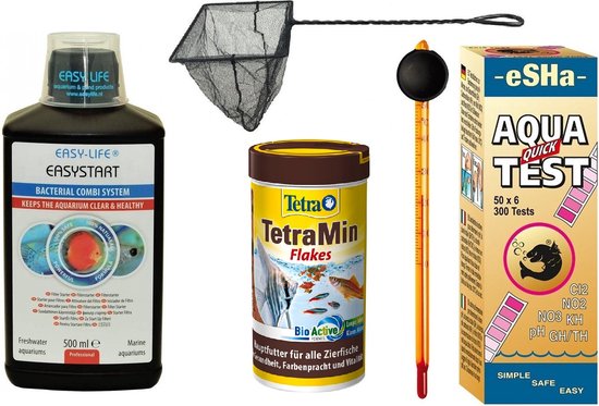 Opstartpakket Aquarium - Easystart waterconditioner 500ml + schepnet 8 cm + Tetramin Tetra visvoer vissenvoer Flakes 250ml + Thermometer + water Test strips 50 stuks