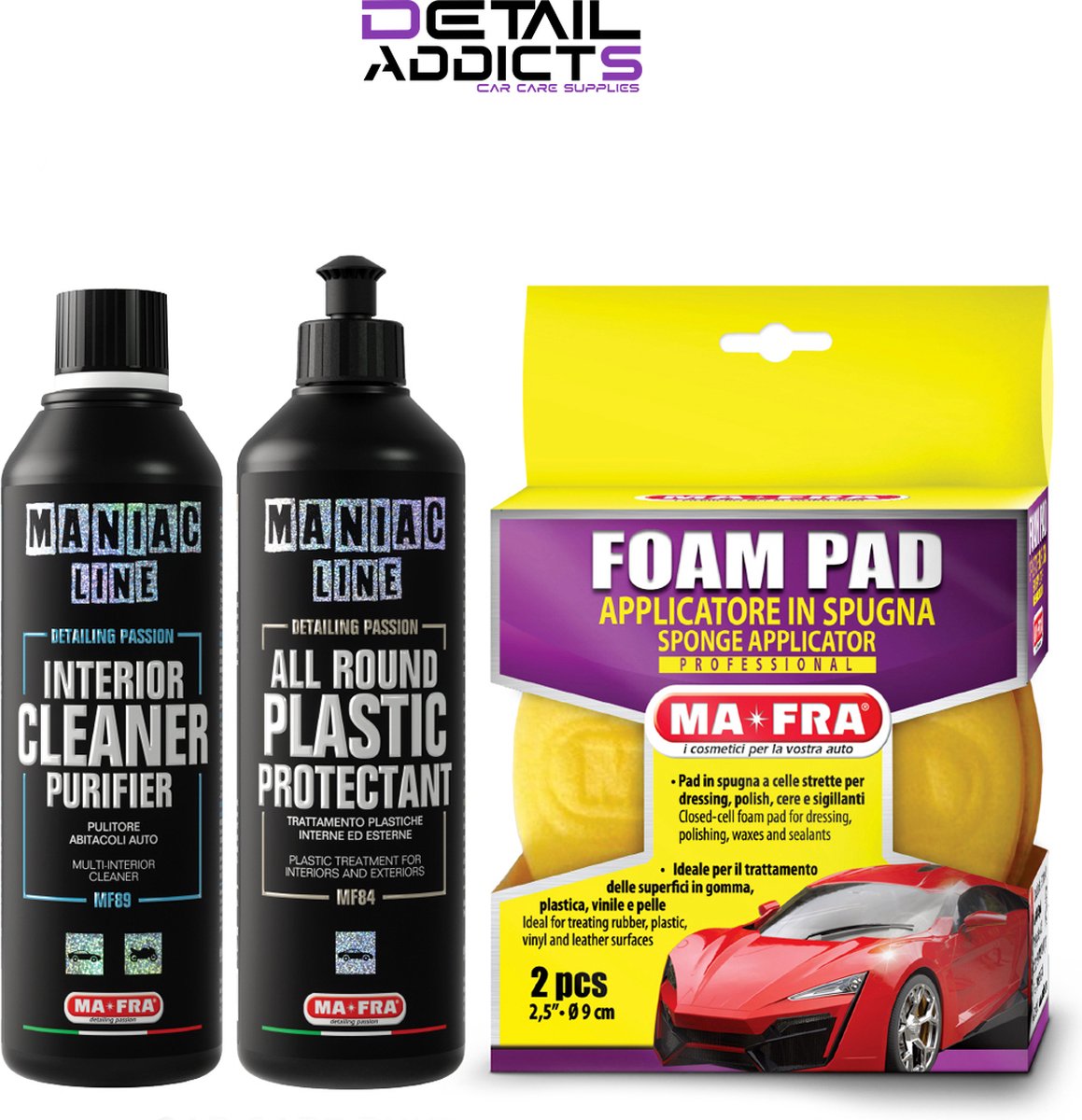 Maniac Line Bundle #6 - Interior Cleaner / All Round Plastic Protectant / Foam Pads