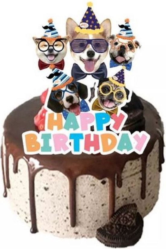 Taart topper Happy Birthday Dogs met diverse honden rassen taart