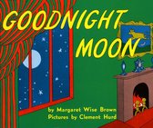 Boekomslag van "Goodnight Moon" met een groene achtergrond, een raam met een maan en sterren, en een open haard.