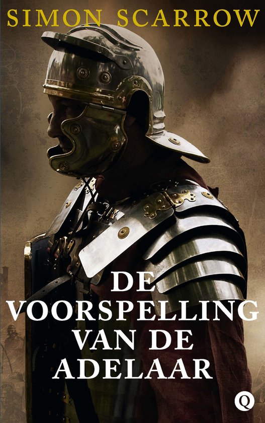 Boekomslag van 'De voorspelling van de adelaar' met een Romeinse soldaat in vol ornaat, inclusief helm en harnas.