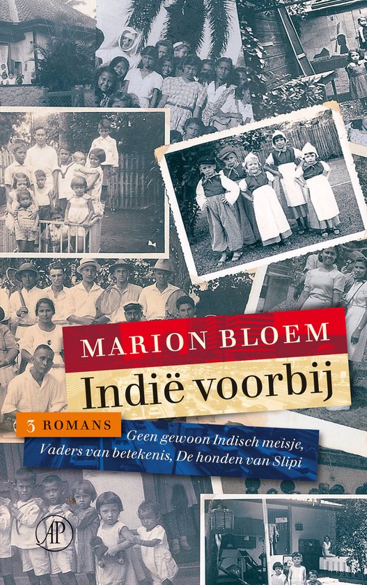 Boekomslag "Indië voorbij" van Marion Bloem, met historische foto's van mensen en de tekst "3 ROMANS".