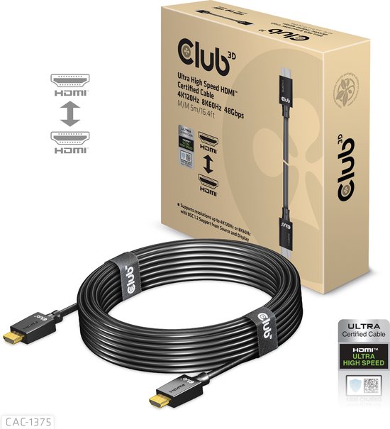 Club 3D Ultra High Speed HDMI™2.1 gecertificeerde kabel 4K120Hz, 8K60Hz 48Gbps M/V 5 Meter